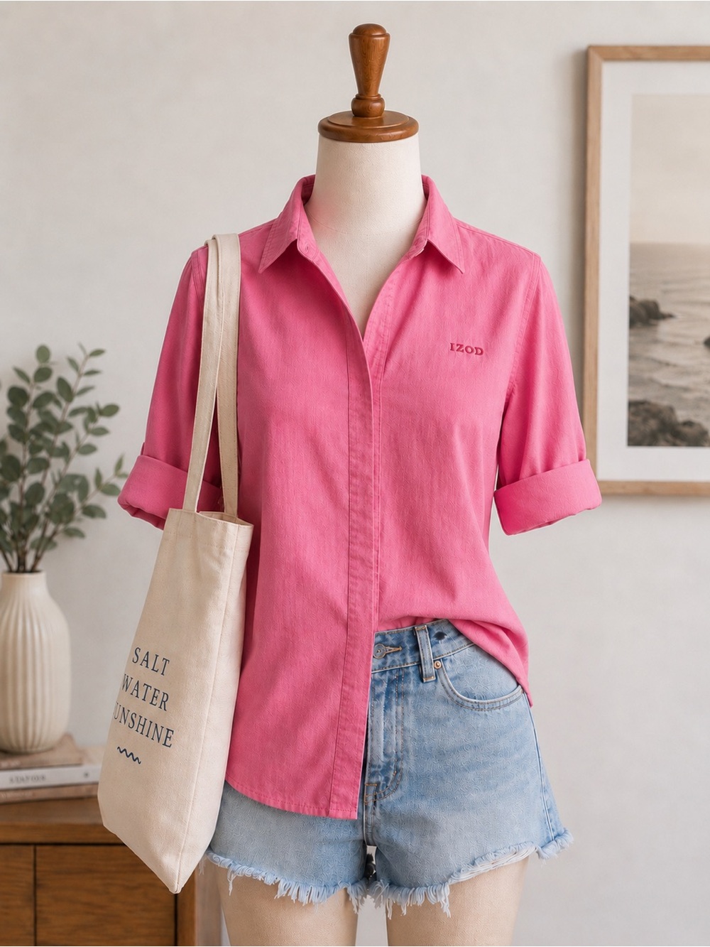 Izod Women's Vibrant Pink Button Down Collar Shirt with 3/4 Length Sleeves